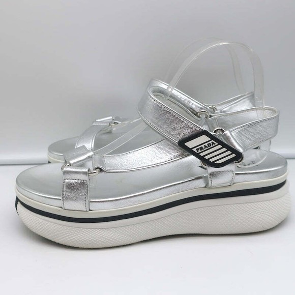 Prada Platform Ankle Strap Sandals Silver Metallic Leather Size 41 - Picture 6 of 11